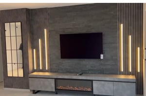 TV-Schrank, Lowboard, 288x35x57 cm, Für großformatiges TV, Elektrokamin XXL, Industriedesign, Schwarz Kunden-Foto 1