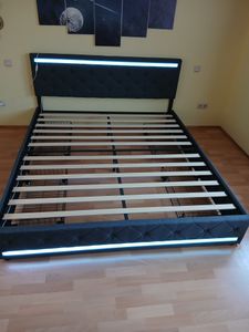 ProximaX lit rembourré 140x200cm avec fonction de chargement, LED et tête de lit réglable en hauteur, lit double avec sommier à lattes et 4 tiroirs, lit de rangement lin, gris Photo du client 9