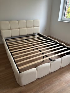 Flieks Hydraulisches Polsterbett 140x190cm mit Stauraum, Doppelbett Stauraumbett mit Lattenrost, Jugendbett Holzbett mit Kopfteil, Bouclé, Weiß Kunden-Foto 2