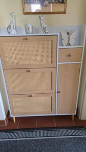Flieks Schmal Schuhschrank mit 3 Klappen, Rattan Schuhschrank Schuhkipper mit Schublade und Tür, Schuhkommode mit Verstellbarer Ablage, Naturbelassen Kunden-Foto 1