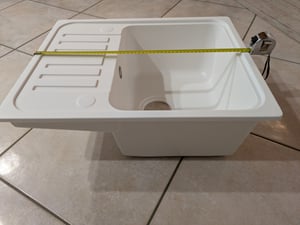 HOROW Lavello da cucina in granito bianco - Lavello da incasso a 1 vasca con installazione reversibile, lavello con scarico a sifone e troppopieno 57 x 45 cm Foto del cliente 2