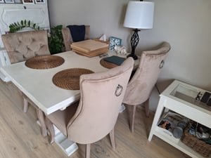 Flieks Esszimmerstuhl 6er Set, Küchenstühle mit Hoher Rückenlehne und Massivholzbeine, Samt Wohnzimmerstuhl Essstuhl Polsterstuhl Esstischstuhl, Beige Kunden-Foto 5