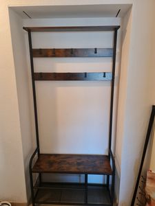 VASAGLE Garderobenständer, Kleiderständer, Garderobe mit 9 abnehmbaren Haken, Schuhregal, für kleine Wohnungen, Flur, Industrie-Design, eichenfarben-weiß HSR409 Kunden-Foto 1