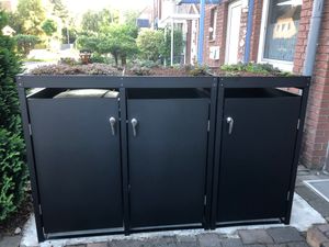 Blumfeldt cache poubelle extérieur – acier galvanisé résistant, 2 portes & toit jardinière, pour 60 L/120 L/240 L, fermeture à clé, design moderne, abri pour poubelles, noir Photo du client 1