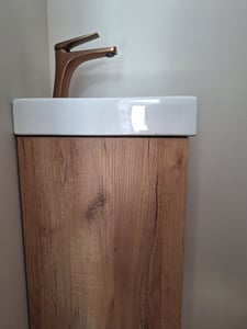 Badplaats Gäste-WC Waschtisch Set Apollo 40 x 22 cm Hochglanz Weiß - Platzsparende Badmöbel Set mit Waschbecken und Unterschrank Kunden-Foto 2
