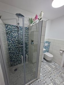 Doppeltür 75x185cm Pendeltür Nischentür dusche 5mm ESG Sicherheitsglas Mattgrau Schwingtür Duschabtrennung Kunden-Foto 11