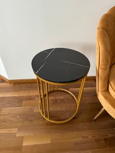 Relaxdays Beistelltisch MARMO, für Wohnzimmer, Metall & MDF, Marmoroptik, runder Sofatisch HxD: 51 x 41 cm, schwarz/gold Kunden-Foto 2