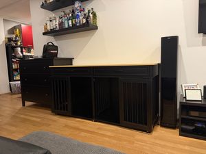 Große Hundebox für den Innenbereich, XXL Hundebox mit 2 Türen und 2 Schubladen, Schwarz + Braun, Metall + MDF, 164 x 80 x 60 cm Kunden-Foto 1