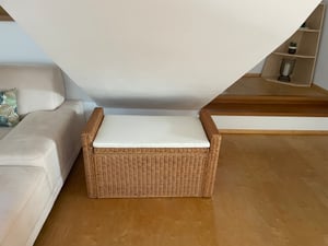 Aufbewahrungstruhe M92, Truhe Sitzbank Garderobenbank, Kissen Kubu Rattan 88cm  honigfarben Kunden-Foto 1