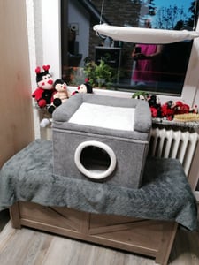 COSTWAY Maison pliable pour chat, grotte pour chat avec tapis à griffer en sisal, coussin moelleux, bords surélevés et fond antidérapant, pour 2 chats, jusqu'à 15 kg, gris Photo du client 1