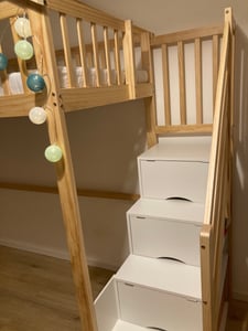 Flieks Etagenbett 90x200cm mit Rausfallschutz, Kinderbett mit Treppe, Hochbett mit Schubalden und Regal, Holzbett Stockbett Einzelbett, Naturbelassen Kunden-Foto 5