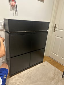 Schuhschrankmit LED-Leuchten, 20 Paar, 4 Klappen(100B cm) | Schuhkipper Schmal, Schuhregal, Verstellbare Ablagefläche, Schuhaufbewahrung für Eingang, Kunden-Foto 1