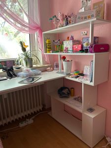 Mondeer bureau, bureau d'angle, bureau informatique pivotant, blanc+marron Photo du client 4