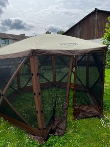 SucceBuy Pop-Up-Pavillonzelt, 6-seitiger Sonnenschutz mit abnehmbaren Sichtschutzwänden und Netzfenstern, 11,5 x 11,5 Fuß Schnellaufbauzelt mit Moskitonetz, braun Kunden-Foto 2