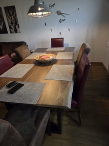 Esszimmertisch 200x100 cm Lauren, Baumkantentisch aus Akazienholz, massiv + stonefarben, U-Metallgestell Schwarz, Esstisch mit echter Baumkante Kunden-Foto 1