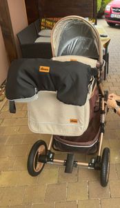 KIDUKU® 3 in 1 Kombi Kinderwagen Beige/Gold Buggy Reisebuggy inkl. Auto- Babyschale Faltbar ECE R129 Kunden-Foto 3