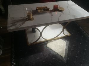 Tribesigns Rechteckiger Couchtisch, 120 cm, moderne Couchtische für Wohnzimmer, 2-stöckiger Couchtisch, Kunstmarmorholz mit geometrischen Metallbeinen Kunden-Foto 1