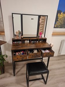 VASAGLE Schminktisch mit Hocker, Klappspiegel, Föhnhalter, weiß Kunden-Foto 1