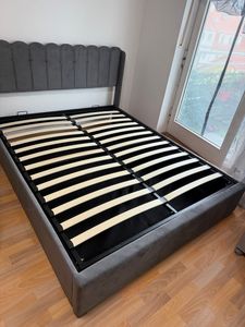 Flieks Polsterbett 140x200cm mit Lattenrost, Hydraulisches Boxspringbett mit USB und Leselichte, Stauraumbett Doppelbett, Samt, Grau Kunden-Foto 1