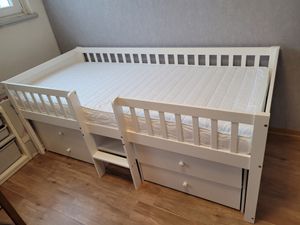 Flieks Kinderbett Etagenbett 90x200cm mit 4 Schubladen, Niedriges Hochbett mit Treppe, Stockbett mit Rausfallschutz, Holzbett Einzelbett Weiß Kunden-Foto 1