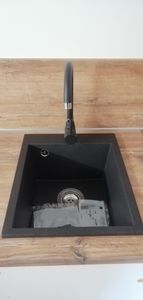 Granit Küchenspüle mit Armatur, Schwarz Spülbecken Einbauspüle 40x50 cm, Spüle mit Schwarz Spülarmatur Hochdruckarmatur Kunden-Foto 1