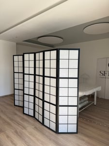 Homestyle4u Paravent Raumteiler 6 teilig Holz Braun Tabak Reispapier Weiß Höhe 175 cm Indoor Kunden-Foto 1