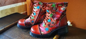 LAURA VITA Stiefelette Kleo 02 rouge Leder-Textilmix rot bunt mit leichtem Plateau+Blockabsatz Reissverschluss + Schnürung Grösse 40 EU Leder innen Kunden-Foto 1