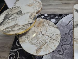 Luxus Couchtisch Set 4-Teilig Marmor Design Schwarz Weiß Beistelltisch Sofatisch: Weiß Gold Kunden-Foto 2