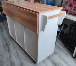 Merax Küchenwagen mit erweiterbarer Arbeitsplatte,Kücheninsel mit 3 Schubladen, Servierwagen Küchenschrank Küchentrolley, 139x46(71)x91,5 cm, Grau Kunden-Foto 3