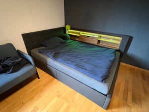 Flieks Hydraulisches Schlafsofa 90x200cm mit Stauraum, Polstebett mit USB, Jugendbett mit Led und offenen Staufächern, Einzelbett Leinen, Grau Kunden-Foto 1