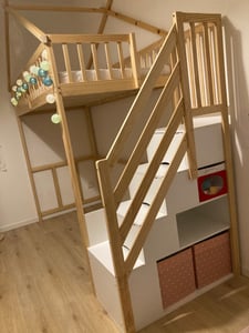 Flieks Etagenbett 90x200cm mit Rausfallschutz, Kinderbett mit Treppe, Hochbett mit Schubalden und Regal, Holzbett Stockbett Einzelbett, Naturbelassen Kunden-Foto 3