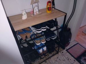 WOLTU Schuhregal mit 3 Ablagen, Schuhständer für ca. 9 Paar Schuhe, 63x63x30 cm, Dunkle Holzoptik Kunden-Foto 2