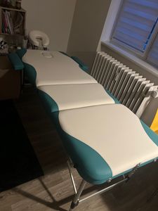 Massageliege 3-Zonen Holzgestell höhenverstellbar Creme mit Tragetasche Kunden-Foto 1