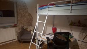 Modernes Hochbett mit Schreibtisch & Regal - Stahlrahmen Bett für Kinder & Erwachsene, Weiß, 90x200cm Kunden-Foto 1