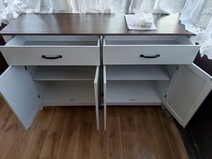 Credenza BEALIFE con 4 ante | 140x40x90 cm | MDF con angoli arrotondati e dispositivo antiribaltamento | Per sala da pranzo, soggiorno e corridoio | Marrone retrò  AP59 Foto del cliente 2