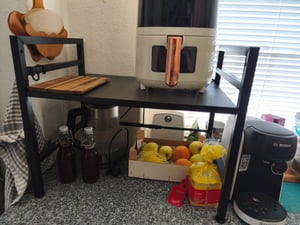 Küchenregale, Ausziehbarer Mikrowellenständer mit 6 Haken, 40-64cm ausziehbarer Mikrowellen Regal, Gewürzregal, Mikrowellenhalterung, Organizer mit 6 Haken, bis 30kg, Schwarz Kunden-Foto 23