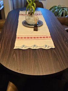 Esstisch oval mit geraden Kanten 204x90 cm Holz Nussbaum-Optik Tischbeine V-Form OVI Kunden-Foto 2