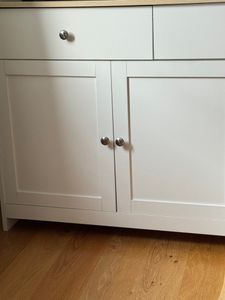 Komoda Merax z trzema szufladami i czterema klapami, kredens w stylu wiejskim, kredens szafka do przechowywania szafka do salonu, 160x75x37cm, biały Zdjęcie produktu od klienta nr 4