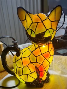 Katzen Lampe, Katzenlampe Mosaik, Nachttischlampe, USB Nachtlicht Katze mehrfarbig, vintage buntglas lampe, Bedside lamp, Schlafzimmer Deko Geschenk Kunden-Foto 13