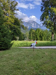 BRUBAKER Grande cigogne en bois avec bébé bleu - Cigogne à clipser pour l'intérieur et l'extérieur - Naissance bébé cigogne pour garçons - Cadeau de naissance 100 cm de haut, imprimé des deux côtés Photo du client 1