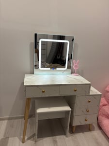 COSTWAY toaletka stolik kosmetyczny z taboretem, lustro LED, 3 tryby oświetlenia, szafka boczna i 5 szuflad, toaletka zestaw marmurowy 100x45x130cm Zdjęcie produktu od klienta nr 1
