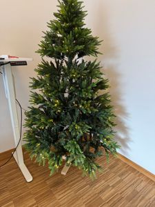 JOIEYOU Kunstkerstboom, 180 cm, met groene PVC-punten en groene PE-punten, kerstboom met houten voet en warmwitte LED-verlichting, geschikt voor Kerstmis, Halloween en bruiloften (zonder sneeuweffect) Klantenfoto 2