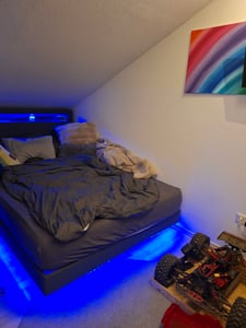 Flieks Polsterbett 140x200cm mit USB, Jugendbett Doppelbett mit LED, Stauraumbett Holzbett Funktionsbett mit Stauraumkopfteil, Leinen, Beige Kunden-Foto 1