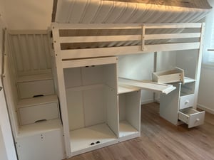 Letto a castello Flieks 90x200cm con protezione anticaduta, letto a soppalco con armadio e scrivania, letto per bambini con scale, letto per ragazzi con rete a doghe, bianco Foto del cliente 4