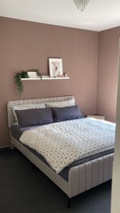 Flieks Polsterbett 180x200cm Doppelbett mit Lattenrost, Massivholzbett Jugendbett mit Verstellbarem Kopfteil, Gästebett Leinenstoff, Grau-Beige Kunden-Foto 1