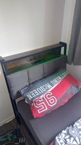 VASAGLE Bettgestell 90 x 200 cm mit Stauraum, Metallrahmen, Bett mit LED-Beleuchtung und Kopfteil, schwarz-braun Kunden-Foto 1