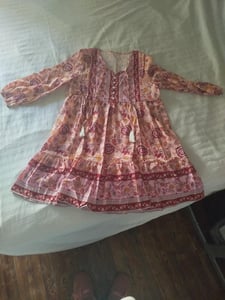 ASKSA Robe d'été femme manches 3/4 col V laçage Robe de plage boho fleurie, rose, L Photo du client 3