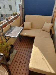 COSTWAY 3in1 Polyrattan Lounge Möbel Set, Gartenmöbel Doppelliege Gartensofa, Sofa 2 Sitzer mit Hocker, verstellbarer Rückenlehne & Stauraum, Grau Kunden-Foto 4