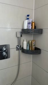 Duschregal 2-Stück Eckregal ohne Bohren aus rostfreiem Aluminium Duschablage Selbstklebendes, mit 4 Klebeflächen und 4 Haken,für Bäder Küchen Grau Kunden-Foto 3