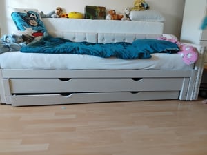 Flieks gestoffeerde slaapbank 90x200 cm met uittrekbaar bed, dagbed/éénpersoonsbed met bekleding, 3 lades, linnen, beige Klantenfoto 1